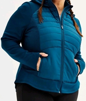 NWT WOMENS TEK GEAR HOODED MIX MEDIA JACKET PLUS SIZE 1X BLUE CRAYON/TEAL
