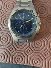 Vintage Seiko 7T92 Titanium Chronograph Watch Gold Accents Blue Sunburst Dial