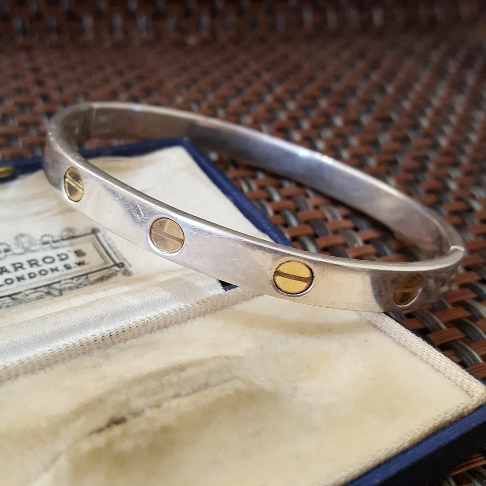 Brazalete vintage de plata de ley 925, brazalete de tornillos de latón, 7,7", con sello Foto 4 de 4