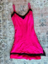 Hot pink mini slip dress with black lace trim