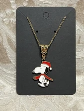 Snoopy Santa Hat Gold Enamel Charm Pendant Christmas Fun Boho Gold Necklace 18”