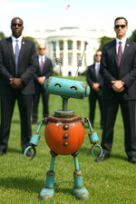 34.5" Tall Junk Yard Scrap Metal "HAPPY" Space Alien Garden Bobble Head Robot