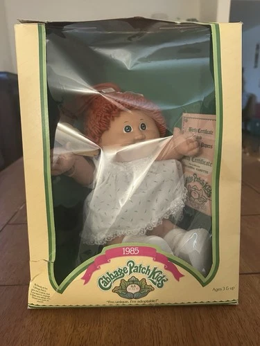 Original 1985 Cabbage Patch Doll Red Hair Green Eyes White Dress W Box W Papers