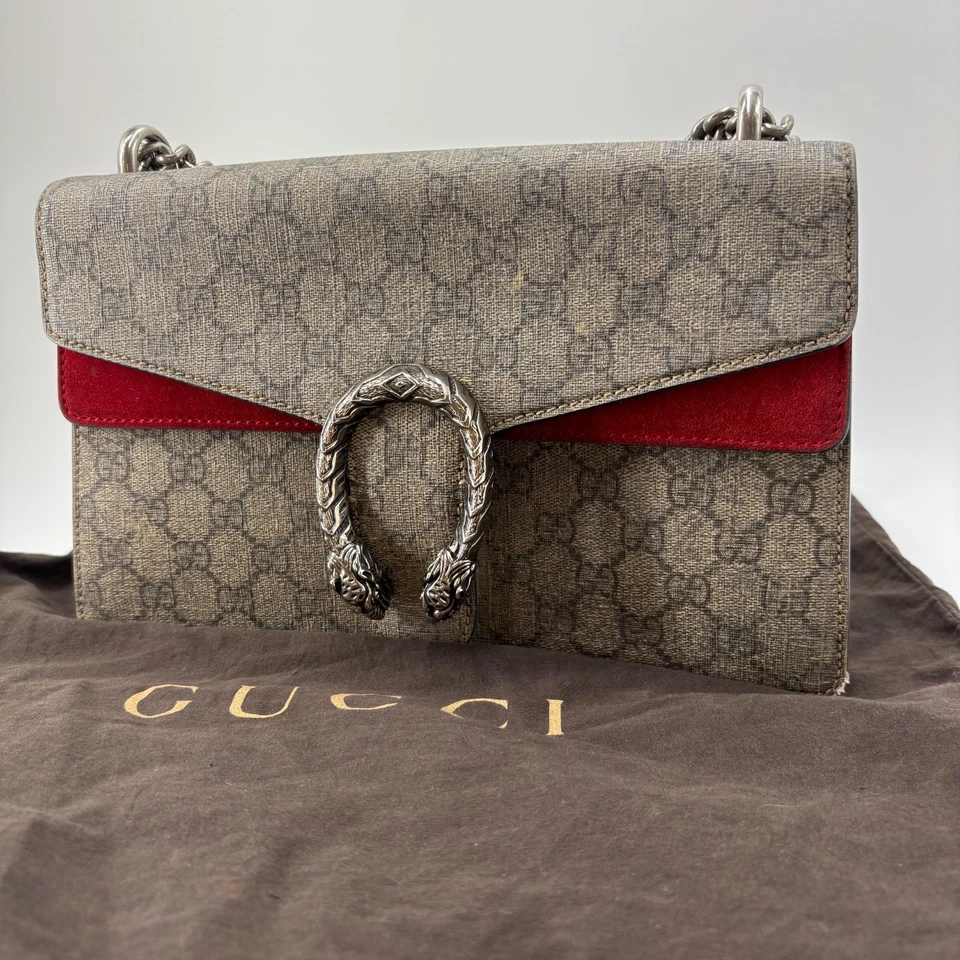 GUCCI Dionysus GG Shoulder Bag Small Red/Brown PVC Leather Suede Chain Auth - Image 3 of 4