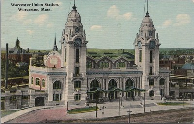 Postcard Worcester Union Station Railroad Worcester MA
