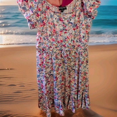 Three Pink Hearts Soft Floral Dress L Cinched Waist