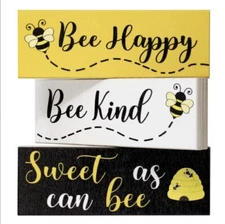 JennyGems Bee Decor, Bee Happy Bee Kind Sweet as can Bee 3pc  Wooden Block Set
