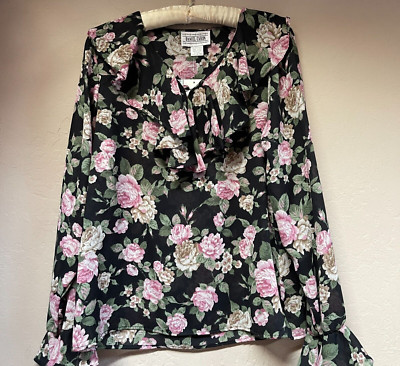 New Daniel Caron Blouse Womens Floral Ruffle Top Shirt Medium Pink Black Boho