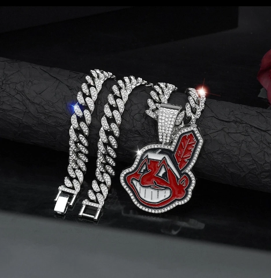 CLEVELAND INDIAN NECKLACE Silver Bling Baseball Pendant /24" Cuban Chain - Image 2 of 3