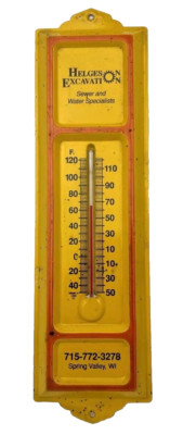 Vtg Helges Excavation Sewer Water Advertising Thermometer Metal Spring Valley WI