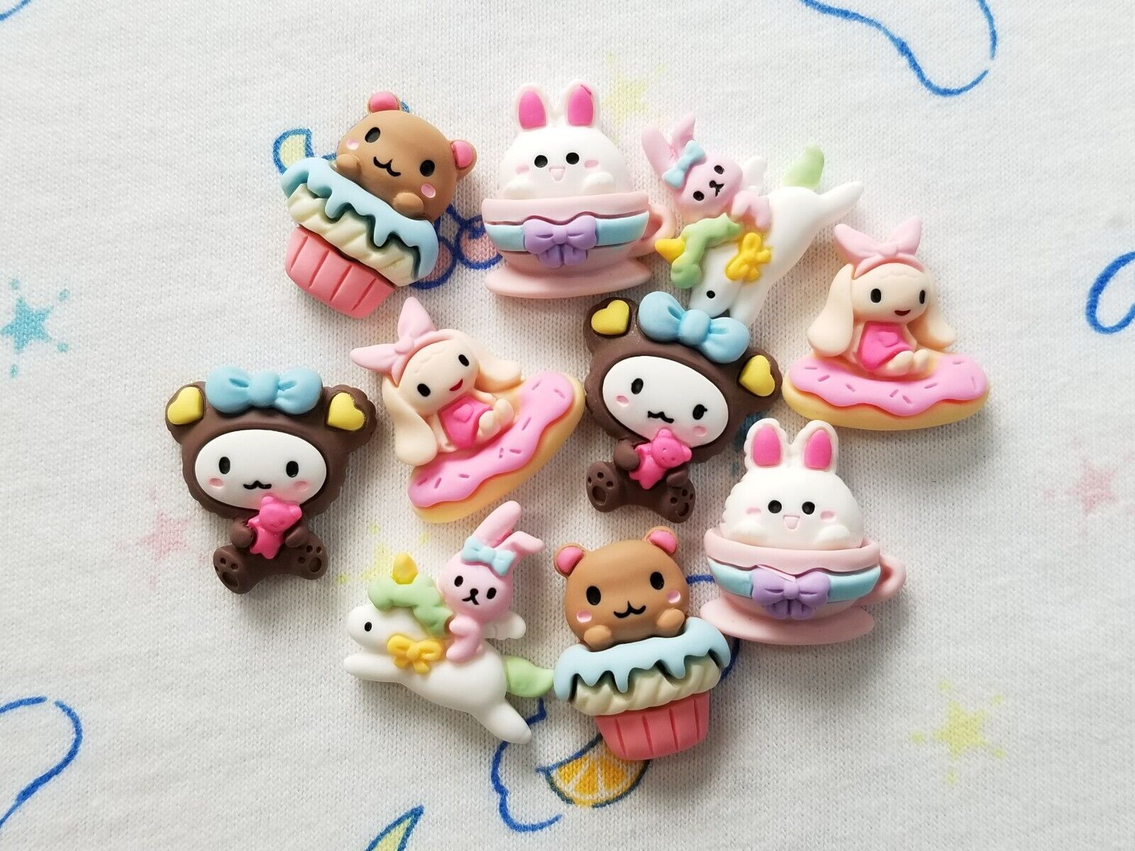 Kawaii Cute Animals Flatback Charms Polymer Clay Set of 10pc Cartoon Sweets