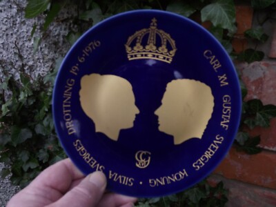 1976 Hochzeit König Carl Gustaf XVI Adolf Schweden Teller Kobaltblau & Gold
