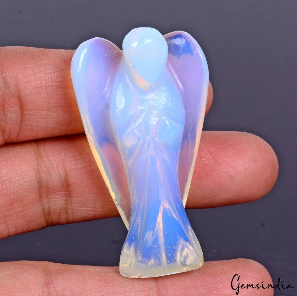 110 Ct/1.9inch Hydro Lab-Created Blue Shine Opal Carved Mini Angel Pocket Statue - Image 4 of 4