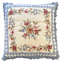 OOAK Floral Needlepoint Pillow Blue White Checks Tassel Trim French Country 18"