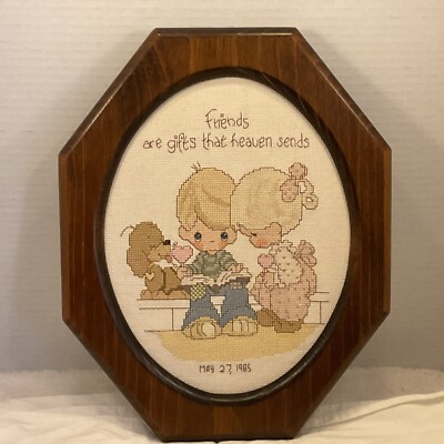 Vtg. hand embroidered boy&girl  friends are gifts that heaven sends  framed art