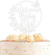 Welcome Baby Girl Cake Topper - Silver Glitter Baby Shower Cake Decorations, Bab
