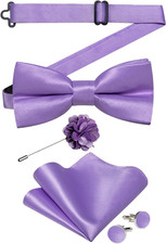 Mens Satin Pre-tied Bowtie Shiny Solid Bow Tie and Pocket Square Cufflinks Lapel