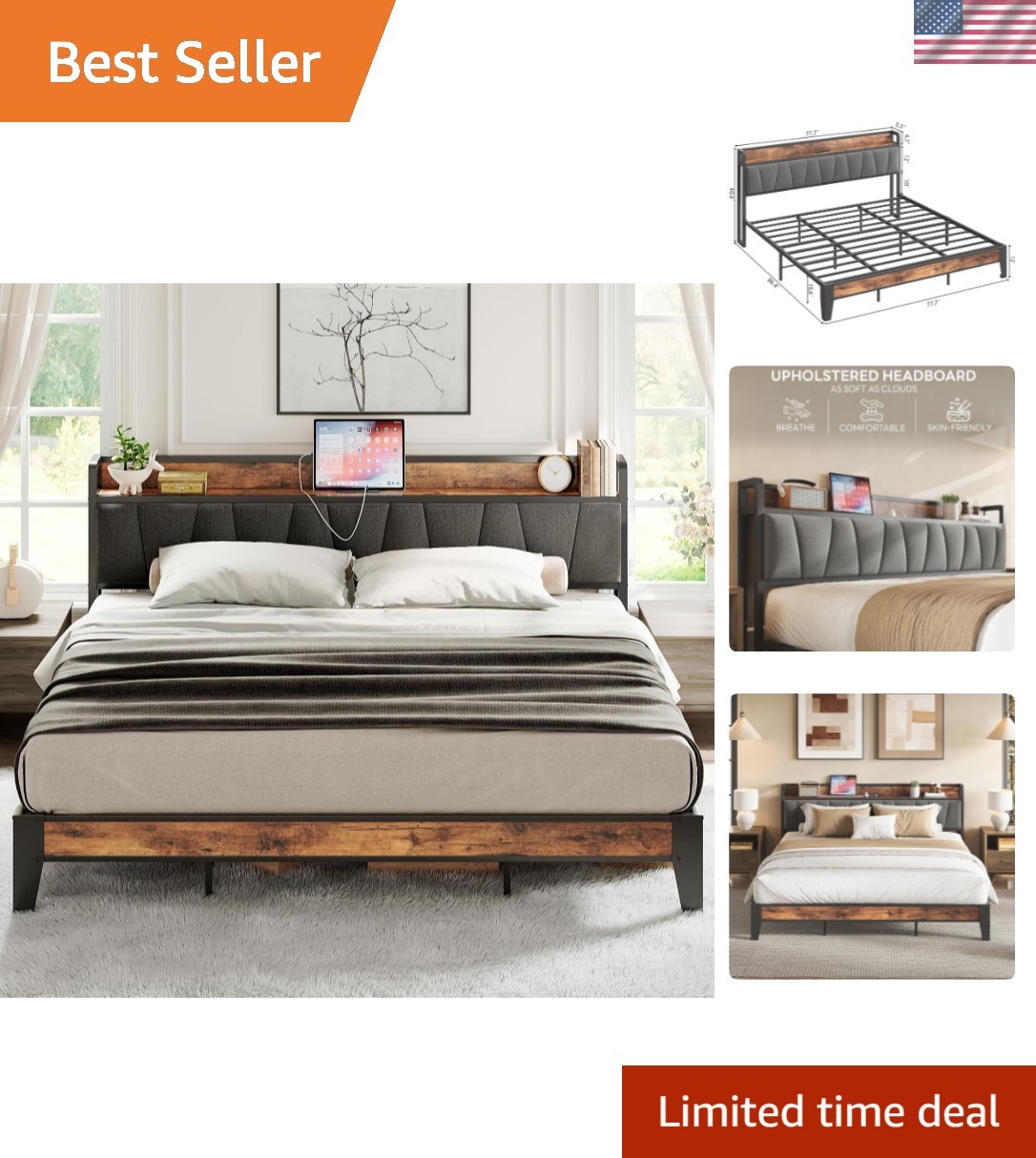 King Size Bed Frame, Storage Headboard with Charging Station