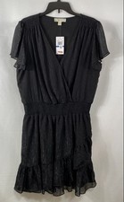 Michael Kors Women's Black Metallic Smocked Waist Faux Wrap Dress Sz XL NWT