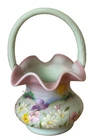 Fenton Hand Painted Art Glass Decorative Basket Green Pink Floral by D Robinson