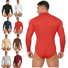 Mens Long Sleeve Buttoned Crotch Basic Bodysuit Buttoned Crotch Leotard Jumpsuit