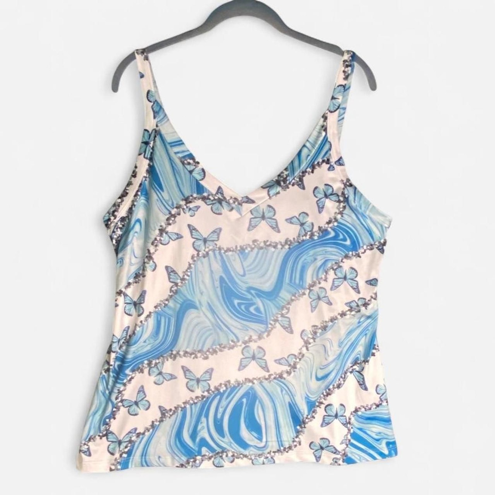 Butterflies & Jewels Sky Blue & White Tank Blouse XL