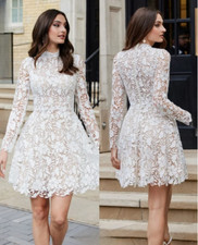 Lace Short Long Sleeve Wedding Dresses for Bride High Neck A Line White Dresses