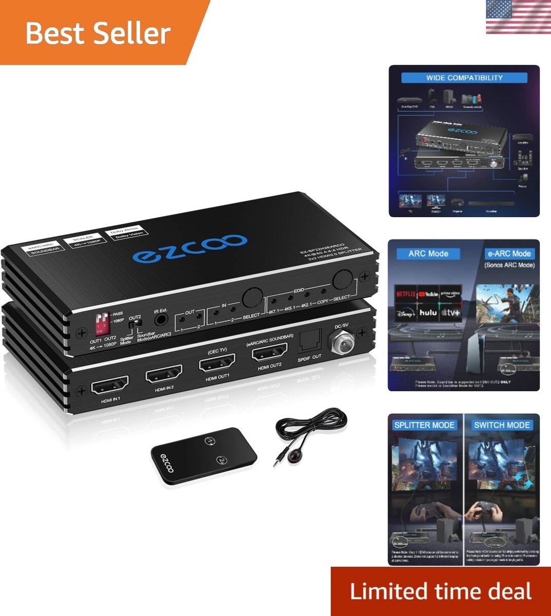 HDMI Splitter 4K 60Hz ARC eARC for Soundbar HDMI Switch Bi