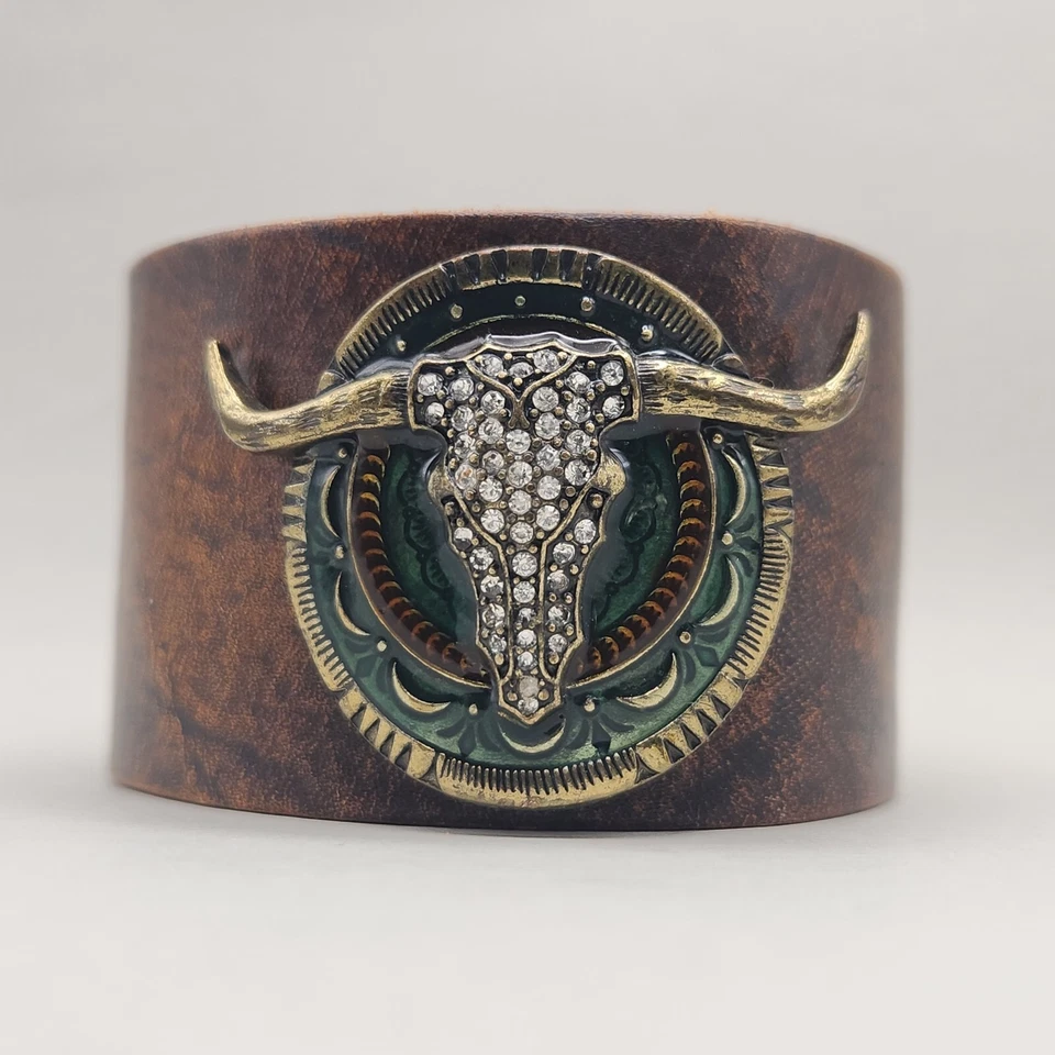 Pulsera Longhorn Steer estrás puño a presión verde occidental imitación cuero latón NUEVO Foto 4 de 4