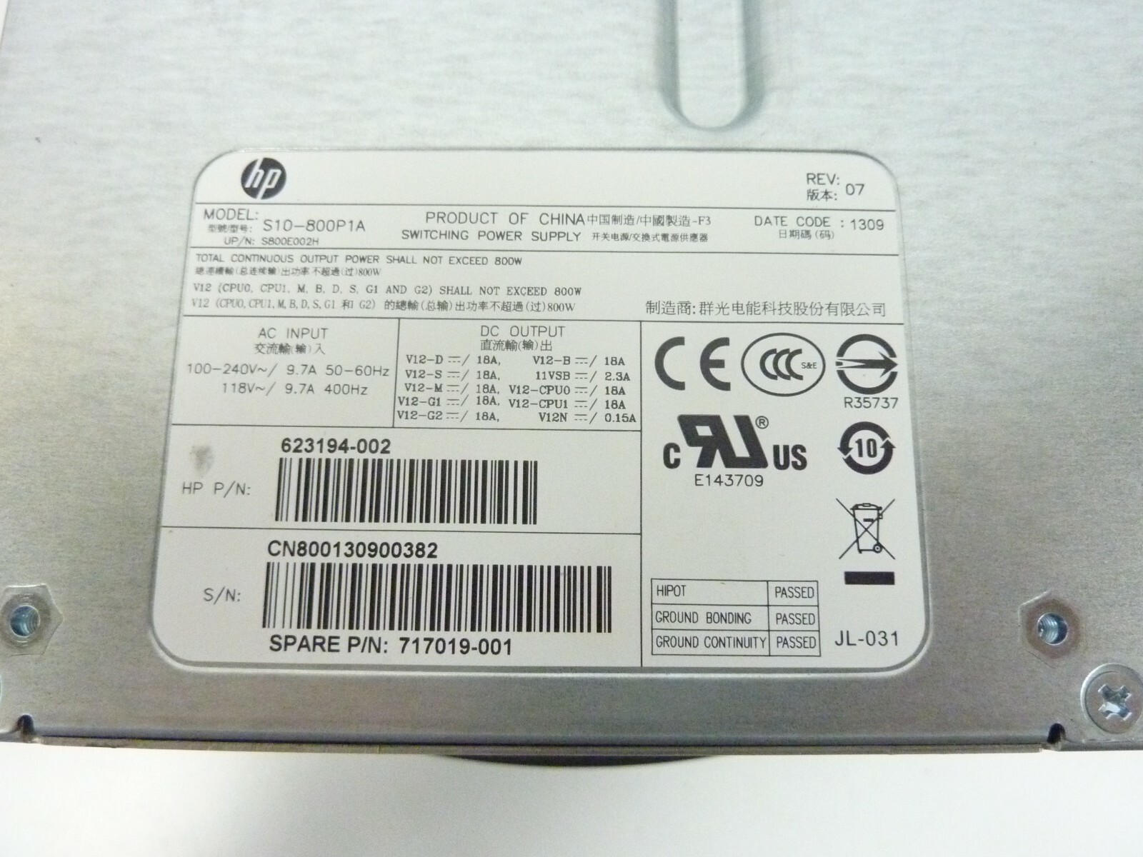 HP Z620 Workstation 800W ATX Power Supply 623194002 717019001 S10