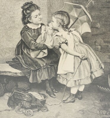 Victorian Engraving Children “A Sweet Kiss From Dolly” Little