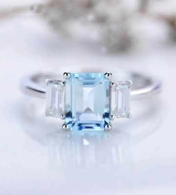 Single Aquamarine & Two Clear White Moissanites In 950 Platinum Three Stone Ring