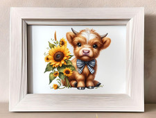 Cow Wall Art Print, Cow With Sunflowers and Bow Farmhouse Wall Decor, Home Decor