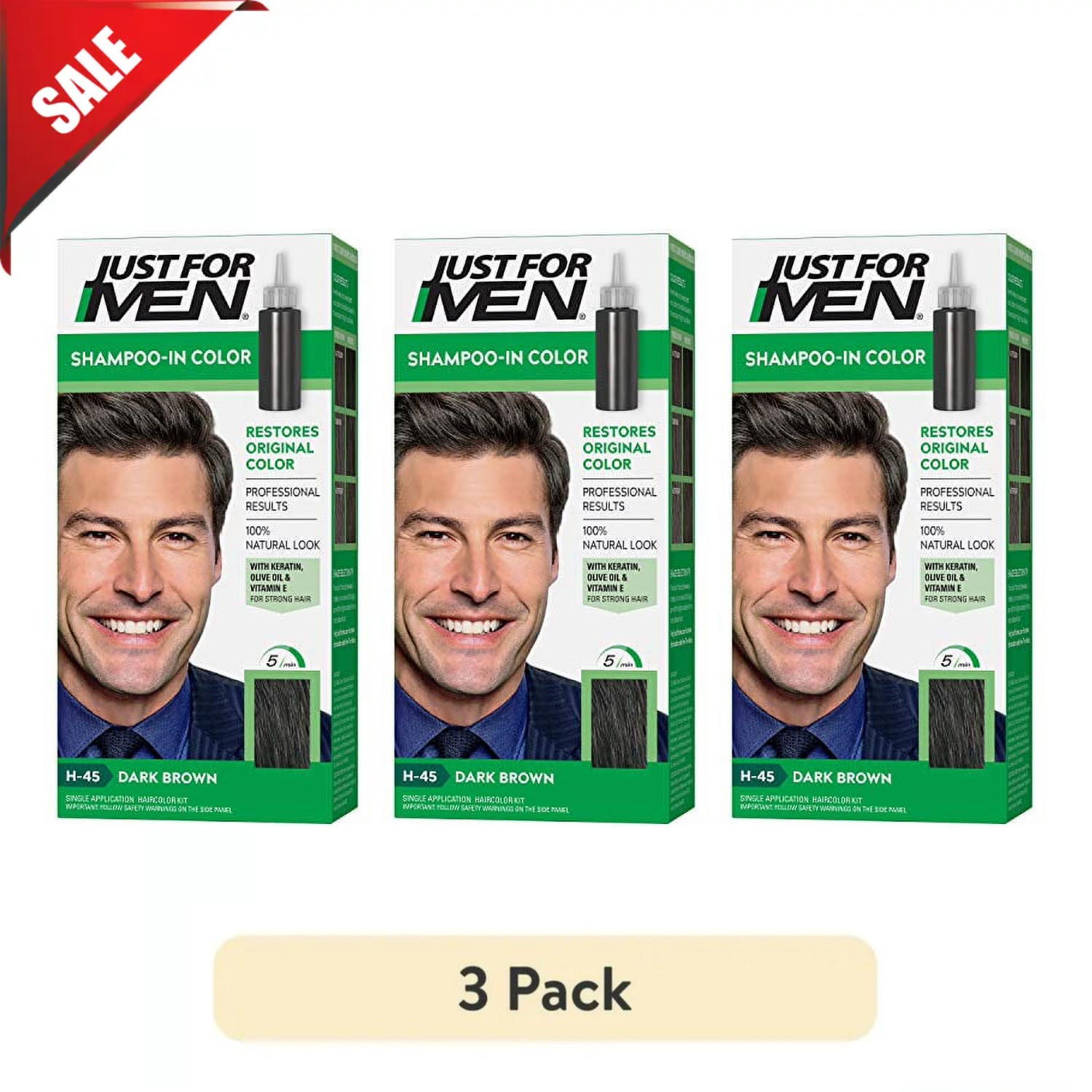 (3 PACK) H-45 Just For Men Shampoo-in Hair Dye for Men, Dark Brown