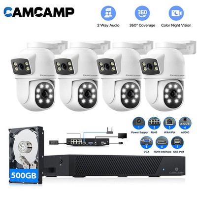 CAMCAMP Überwachungskamera Aussen Set 4X PoE Dual Lens Kamera 500GB 8CH NVR