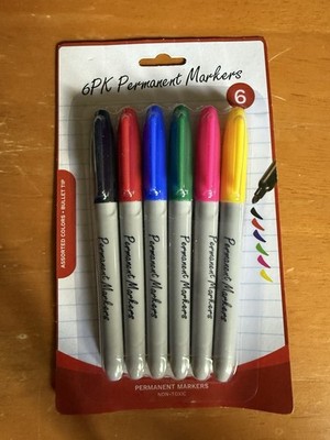 Permanent Markers 6 Pack Non-toxic Assorted Colors Bullet Tip