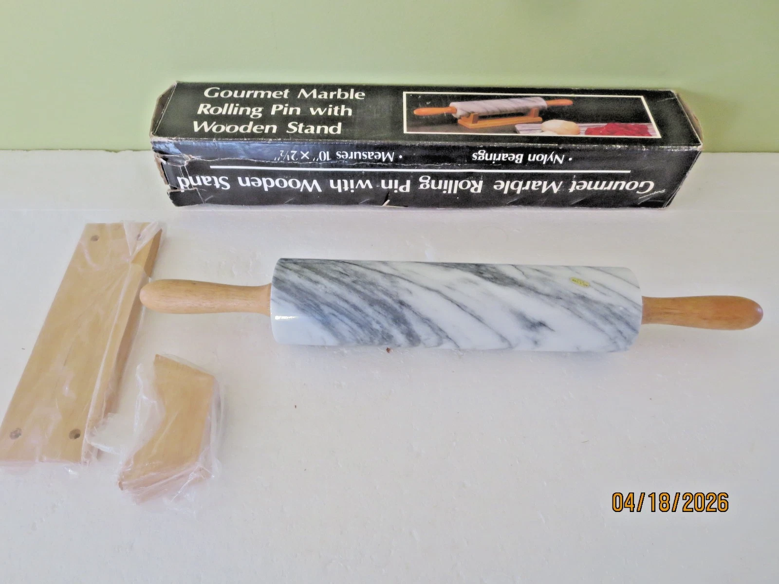 Vintage MARBLE GOURMET ROLLING PIN with Wooden Handles & Stand With Box