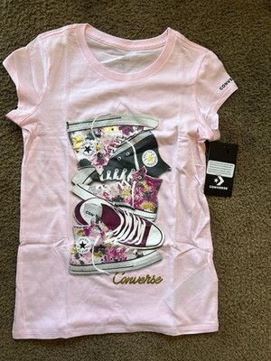 Pink Converse graphic tee with floral sneakers design size M