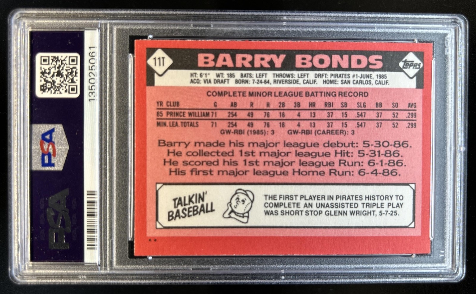 1986 Topps Traded Barry Bonds RC #11T Pirates PSA 9 Rookie view 2