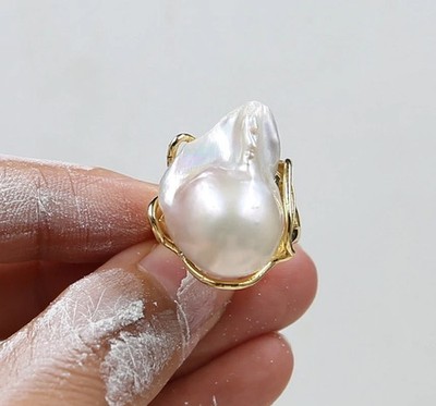 18.0x25.0 mm Classic Natural White baroque kasumi pearl ring adjustable