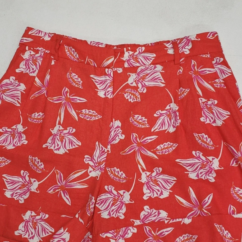 Joie Linen Shorts Women's 12 Pleated Front Floral Orange Vacation Spring Summer - Image 2 of 4