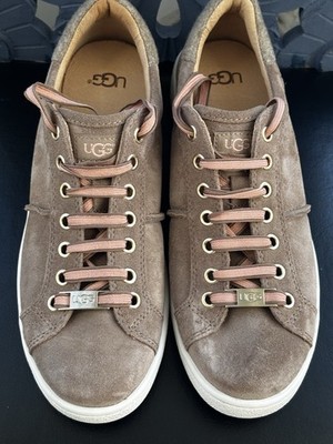Ugg Milo Suede Shoes,Gold Tone Hardware,Pink & Brown Ribbon Style Laces Sz 8 New