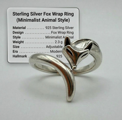 925 Sterling Silver Fox Ring Adjustable Minimalist Animal Jewelry 2.3g