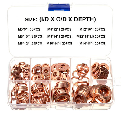 200 pcs Copper Crush Washer Gasket Set Flat Ring Seal Assortment Kit M5 - M14