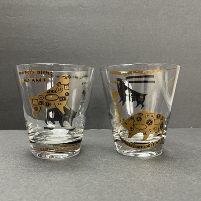 Vintage Bull & Bear Stock Market Rocks Glasses MCM Gold Graphic Worn Set of 2