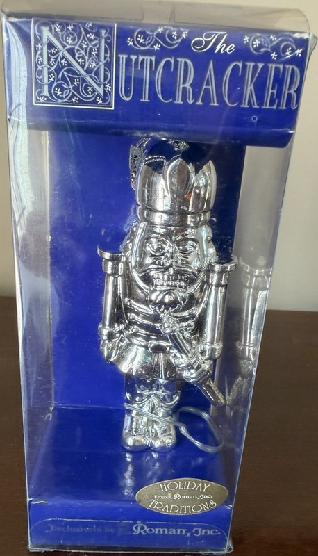Roman, Inc. Holiday Traditions Nutcracker Silver Metal Ornament 5" 1998 w/Box