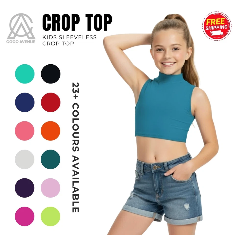 COCOAVENUE Mädchen hochgeschlossen bauchfreies Oberteil ärmellos uni Kinder dehnbar Sport Tanz Tank Tops