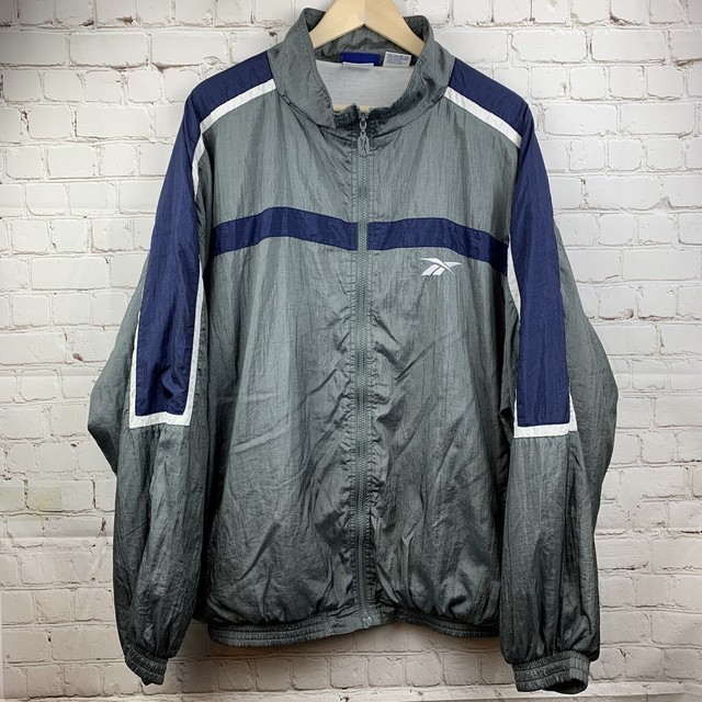 Vintage Reebok Windbreaker Track Jacket Gray Navy Blue Full Zip Mens XL
