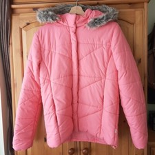 Baleno Down Puffer Jacket With Faux Fur Hood In Cherry Blossom Pink. Size S/m