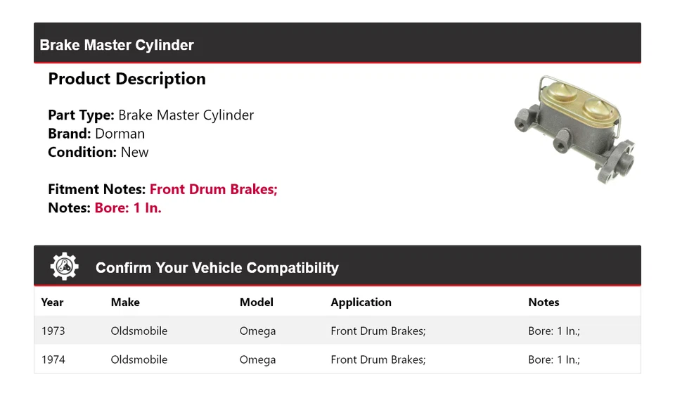 Cilindro maestro de freno Oldsmobile Omega Dorman 1973-1974 Foto 2 de 4